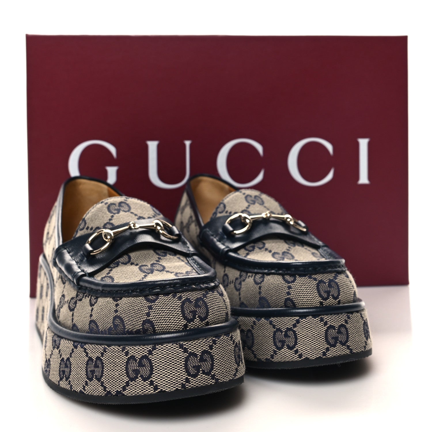 Gucci Monogram Horsebit Calfskin Womens Horsebit Wedge Platform Loafers 38.5 Beige Blue 9 of 9