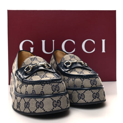 Gucci Monogram Horsebit Calfskin Womens Horsebit Wedge Platform Loafers 38.5 Beige Blue 9 of 9