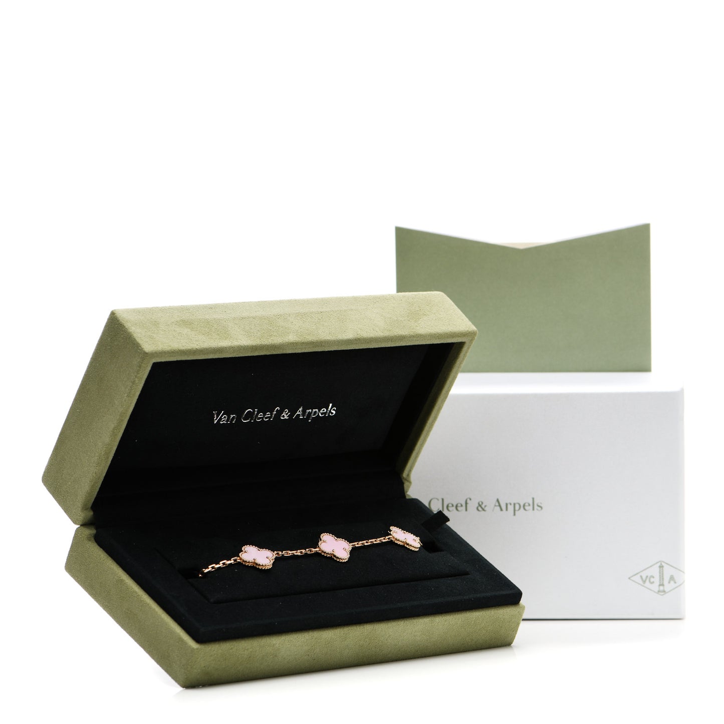 18K Rose Gold Pink Porcelain 5 Motifs Vintage Alhambra Bracelet