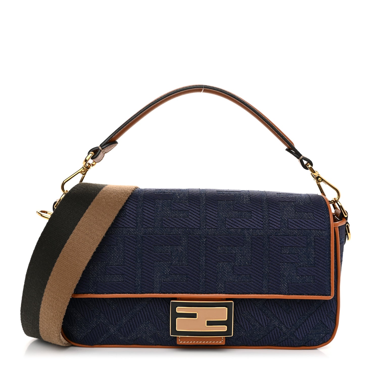 Denim Vitello King FF Embroidered Baguette Blue Cuoio