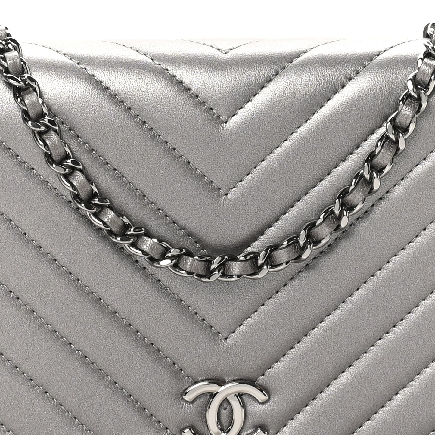 Lambskin Chevron Quilted Studded Wallet On Chain WOC Dark Silver