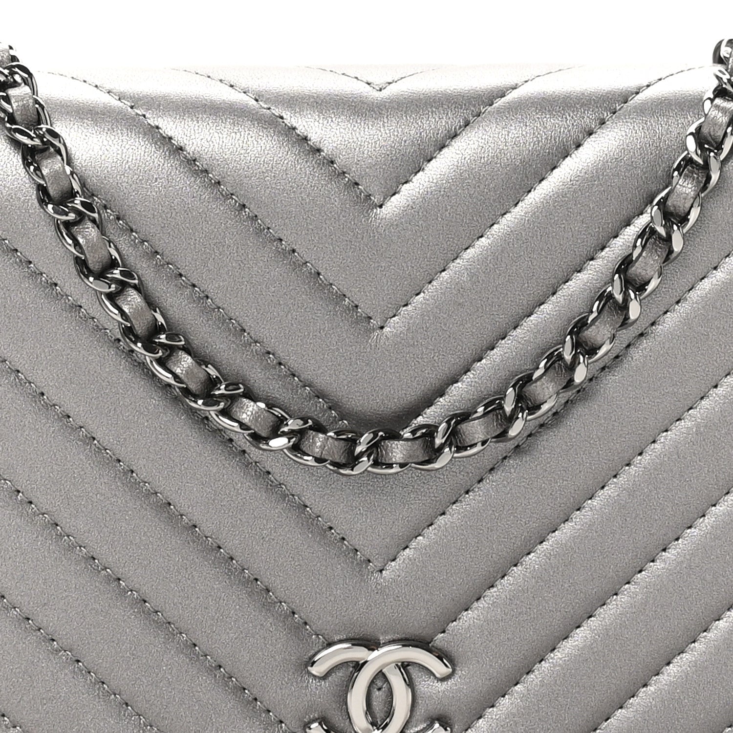 Chanel Lambskin Chevron Quilted Studded Wallet On Chain WOC Dark Silver 7 of 11