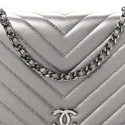 Chanel Lambskin Chevron Quilted Studded Wallet On Chain WOC Dark Silver 7 of 11