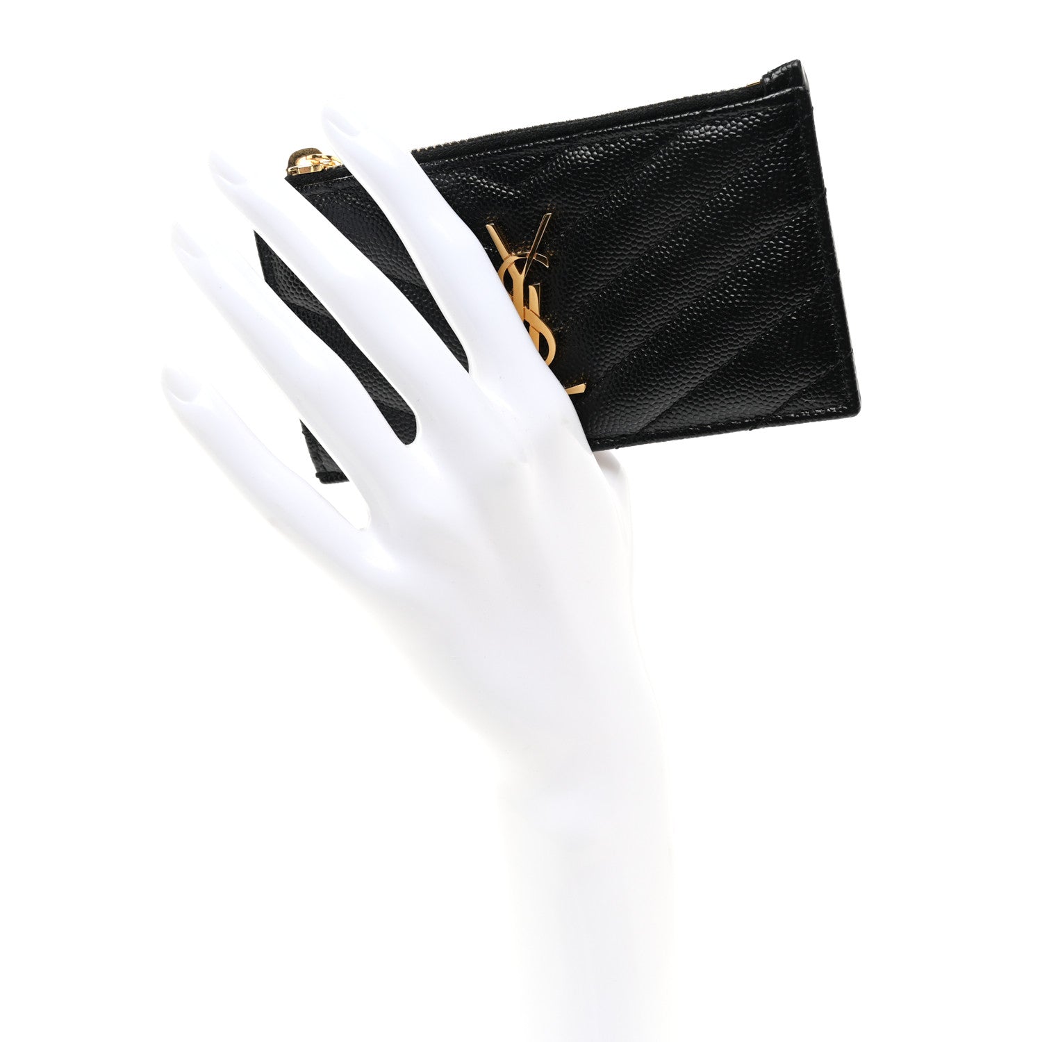 Saint Laurent Grain De Poudre Matelasse Chevron Monogram Fragments Zippered Card Case Black 2 of 7