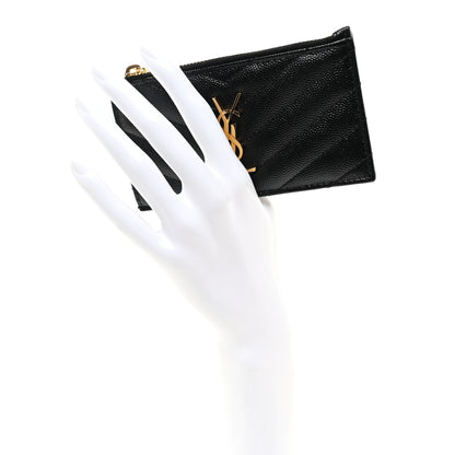 Saint Laurent Grain De Poudre Matelasse Chevron Monogram Fragments Zippered Card Case Black 2 of 7