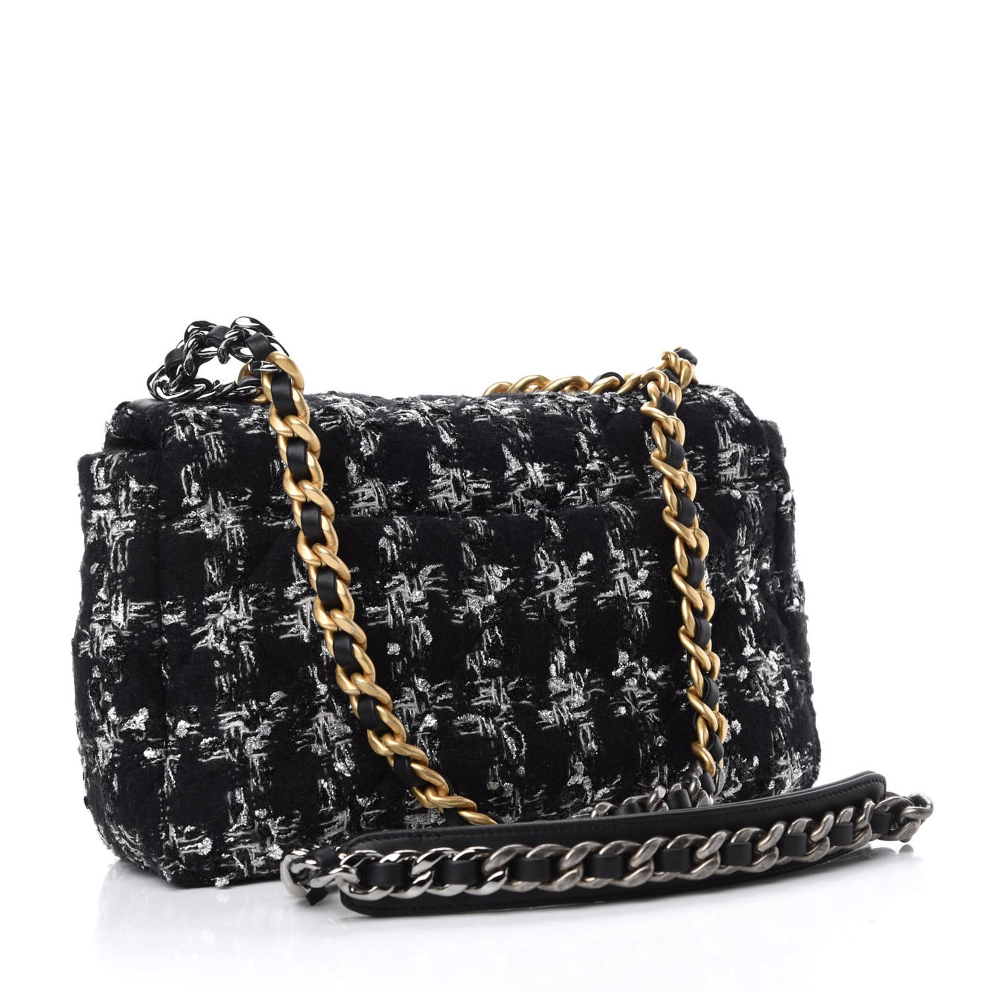 Tweed Quilted Medium Chanel 19 Flap Black Silver Ecru
