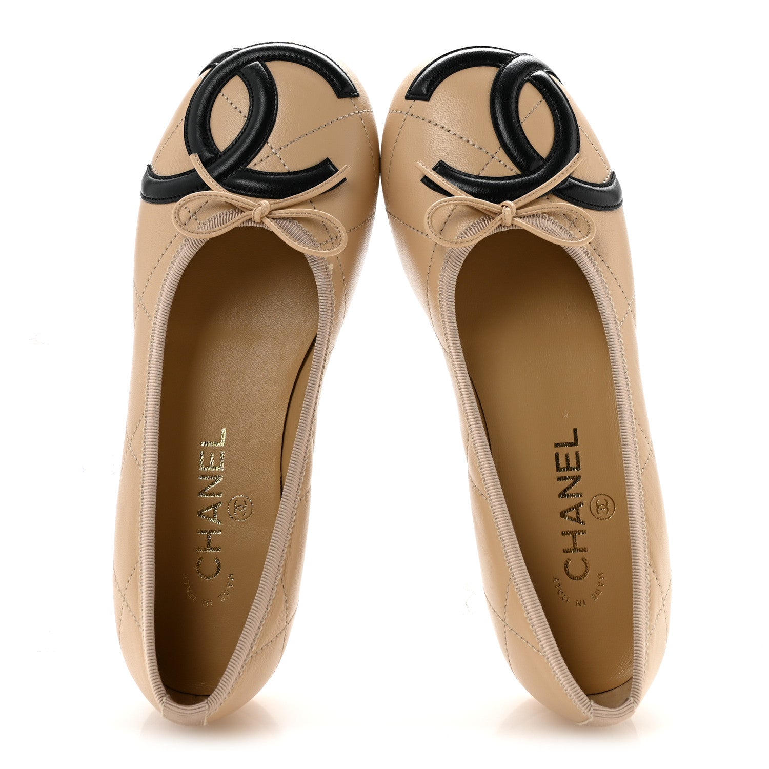 Chanel Lambskin Quilted CC Cambon Ballet Flats 38 Beige Black 2 of 10