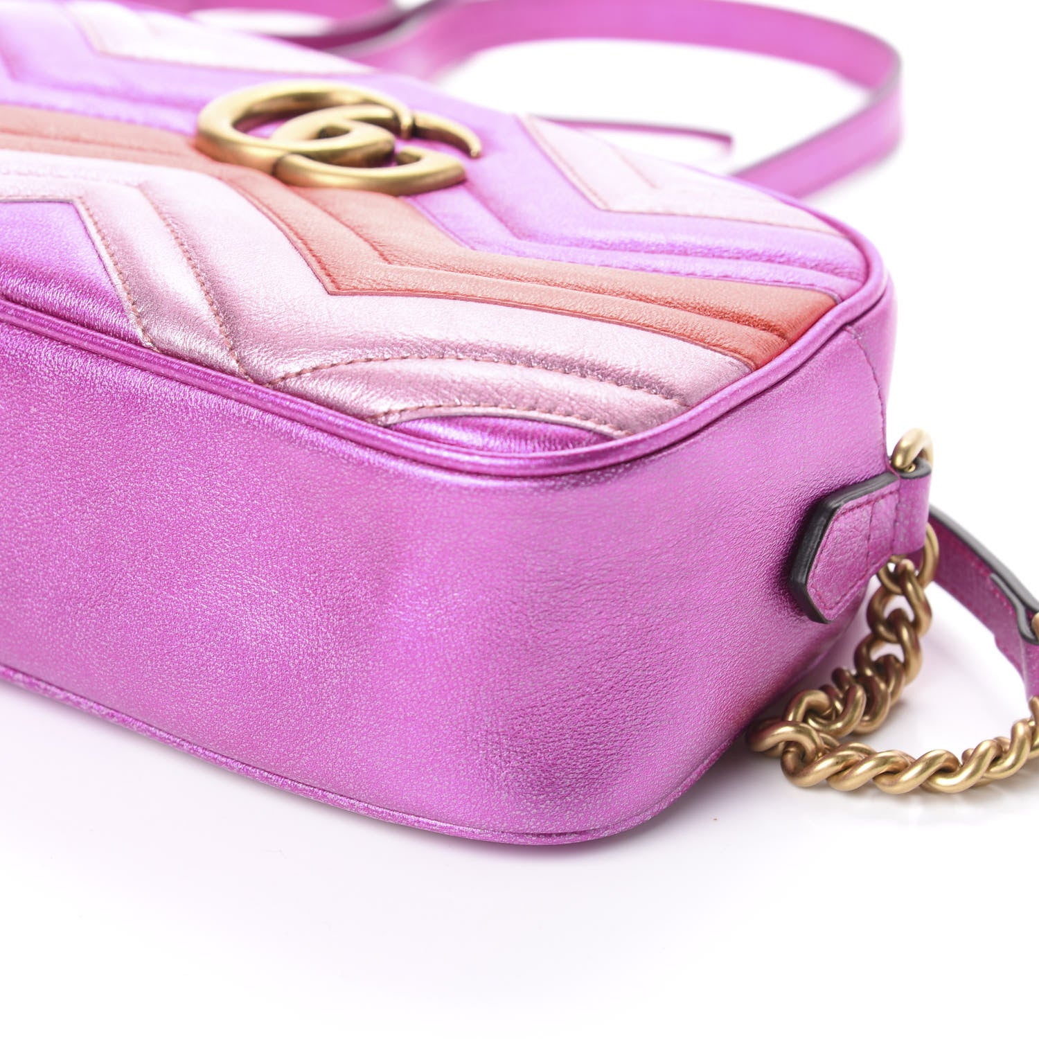 Gucci Laminated Nappa Matelasse Small GG Marmont Chain Shoulder Bag Fuxia Rosso Rosa 9 of 9