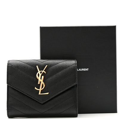 Saint Laurent Grain De Poudre Matelasse Chevron Monogram Compact Tri Fold Wallet Black 7 of 7