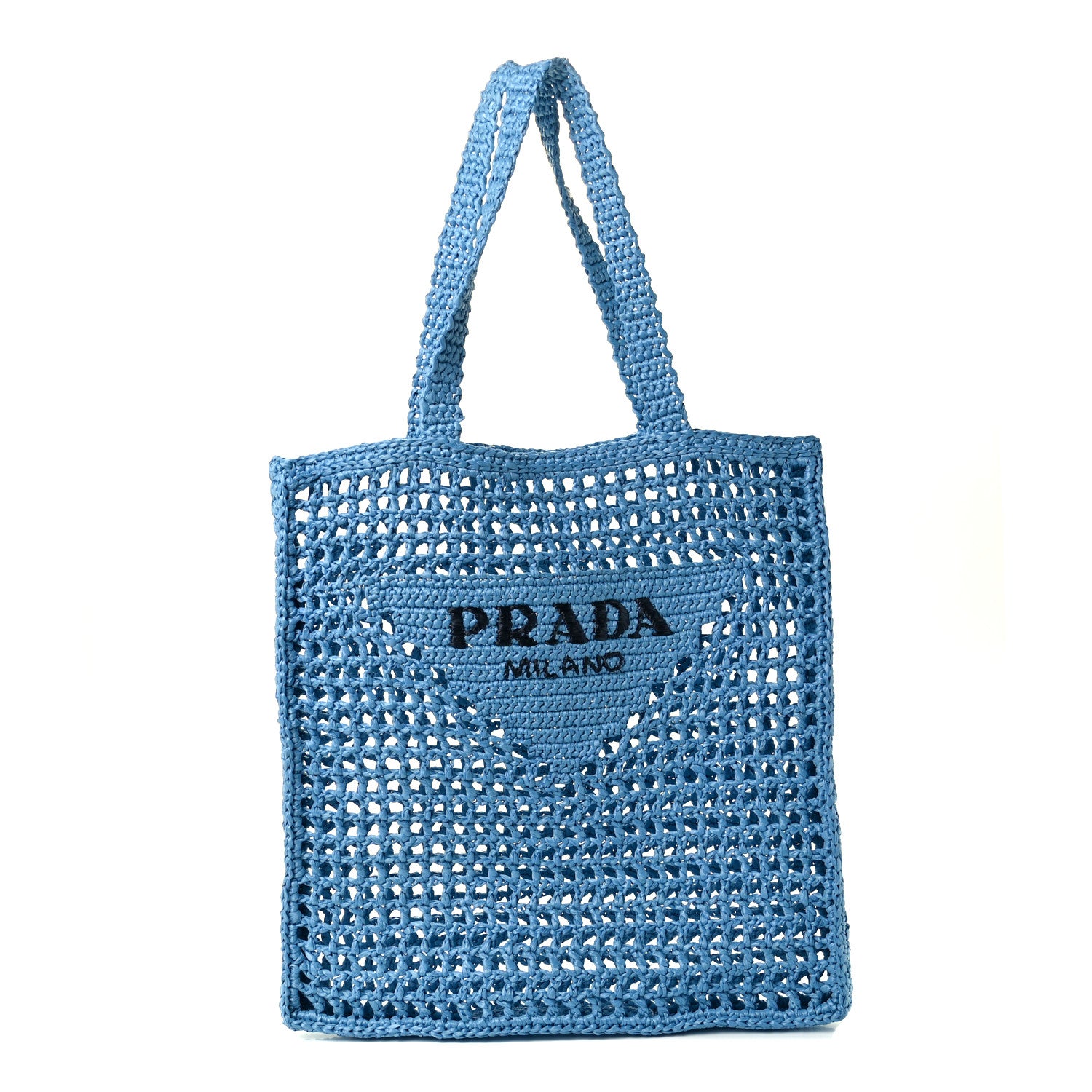 Prada Yarn Raffia Effect Crochet Logo Embroidered Tote Bag Celeste 1 of 10