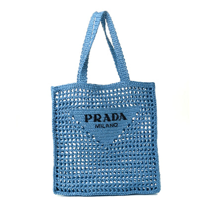 Prada Yarn Raffia Effect Crochet Logo Embroidered Tote Bag Celeste 1 of 10