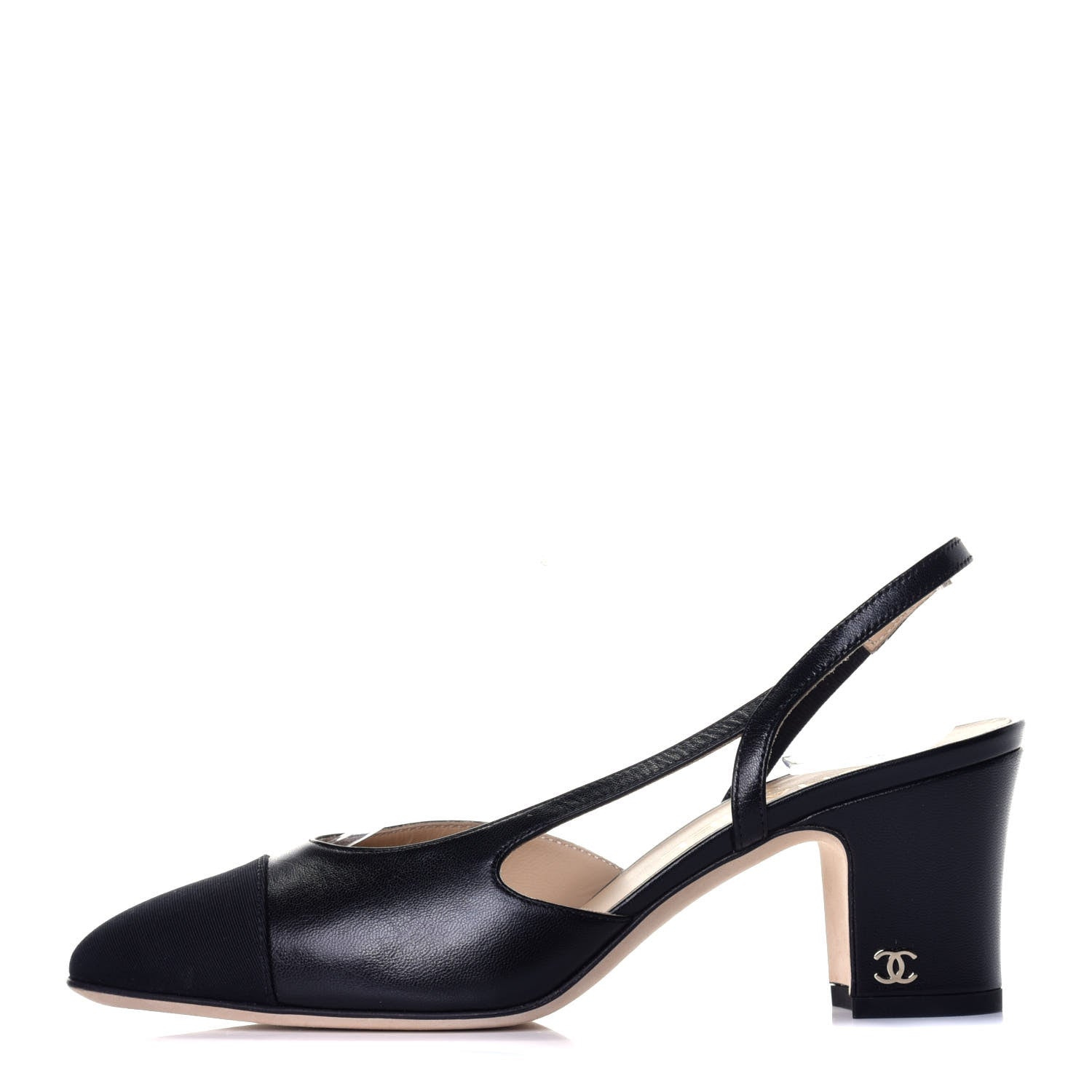 Chanel Goatskin Grosgrain Cap Toe CC Slingback Sandals 36 Black 1 of 9