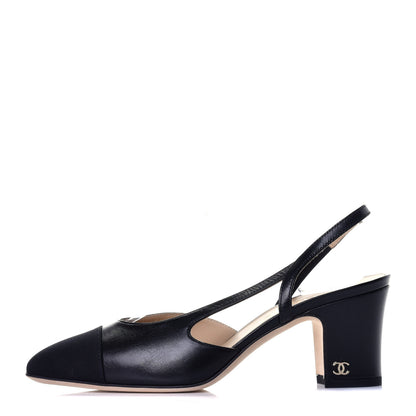 Chanel Goatskin Grosgrain Cap Toe CC Slingback Sandals 36 Black 1 of 9