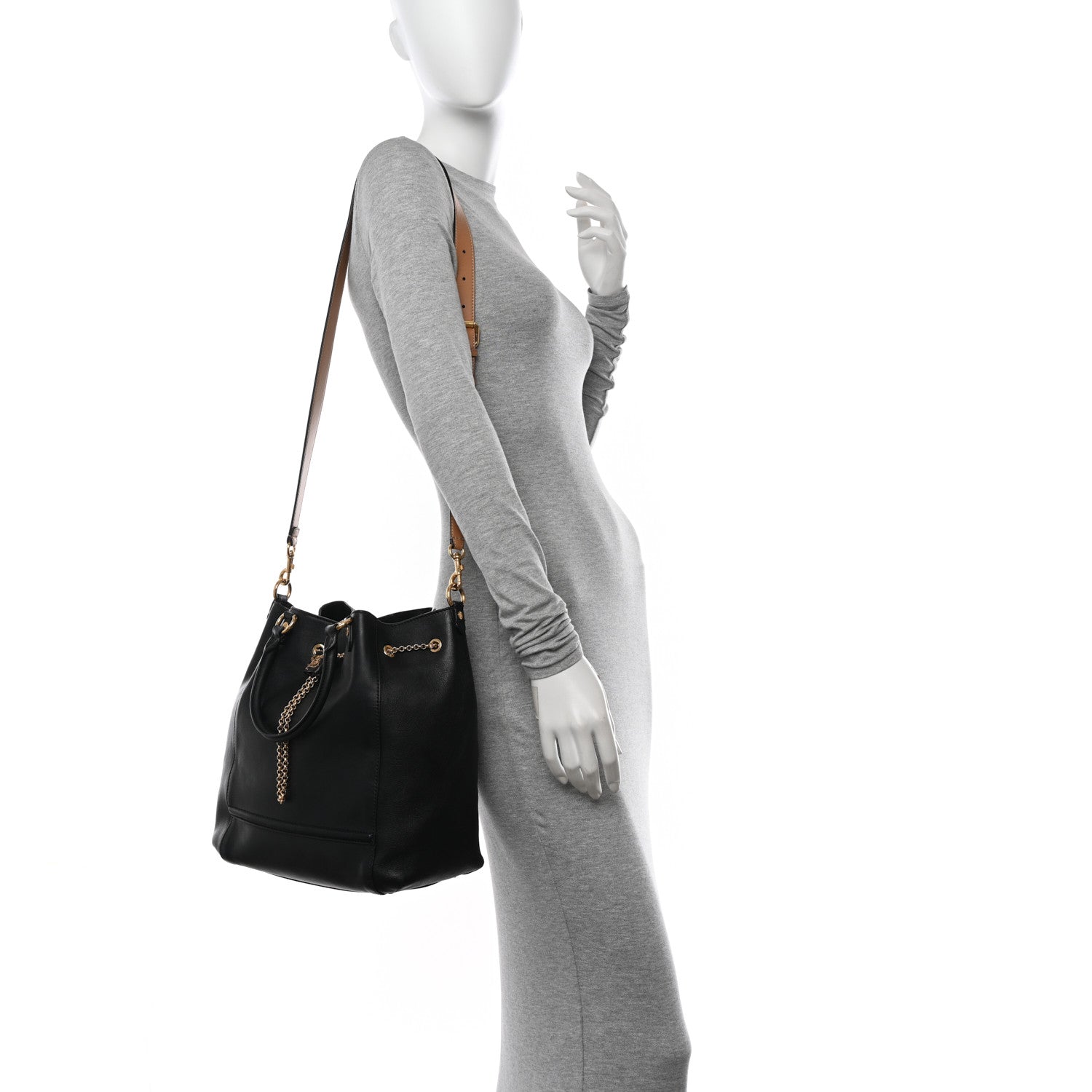 Fendi Vitello Grace King Karligraphy Chain Bucket Bag Black Bisquit 2 of 11