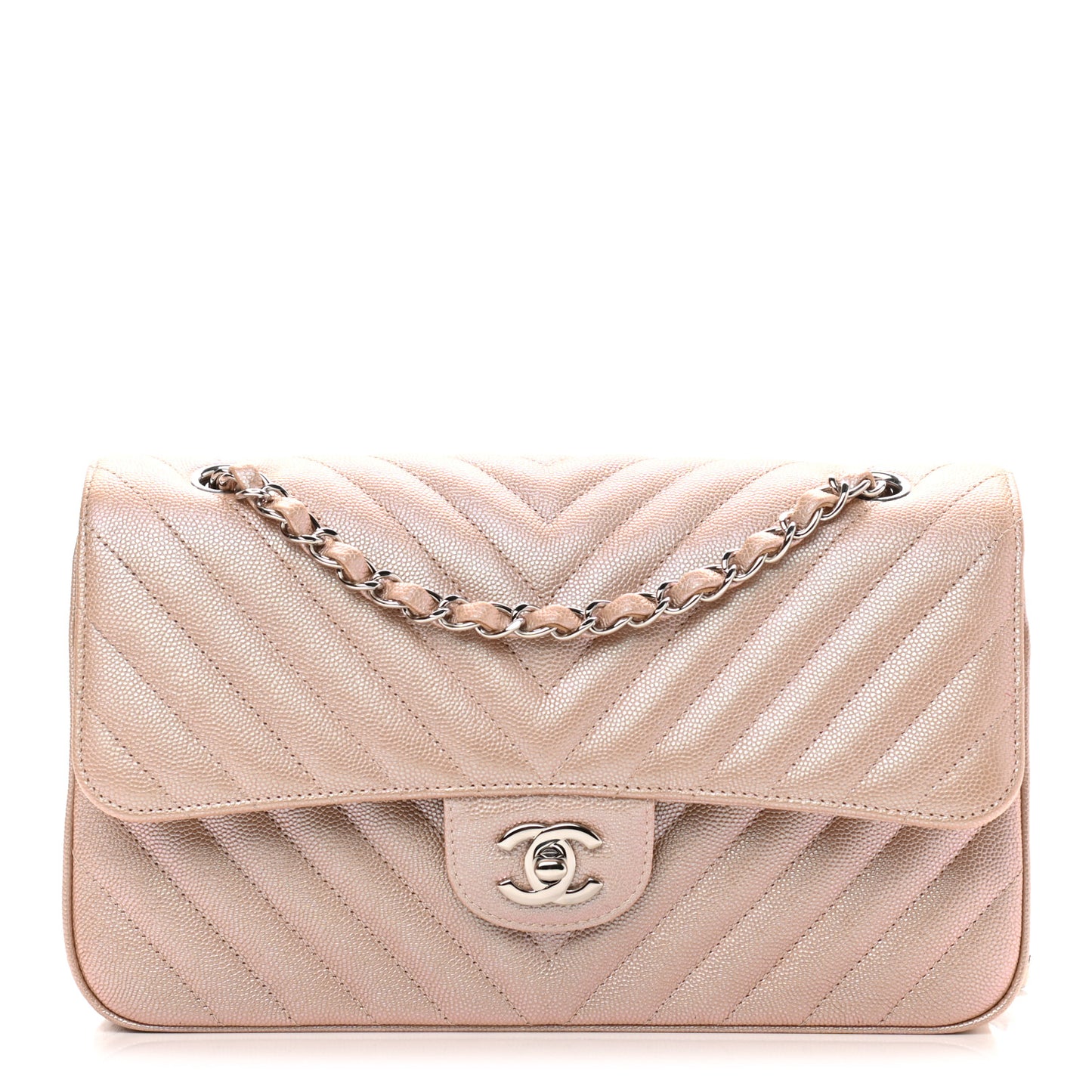 Metallic Caviar Chevron Quilted Medium Double Flap Light Gold