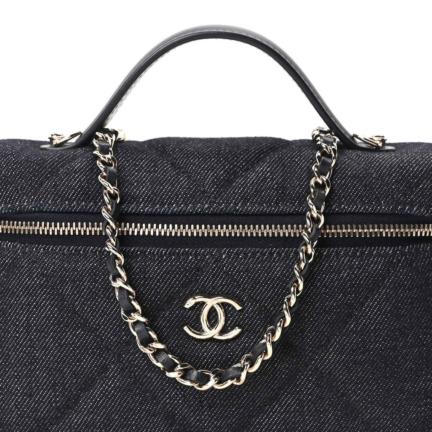 Denim Quilted Top Handle Slim Vanity Case With Chain Dark Blue