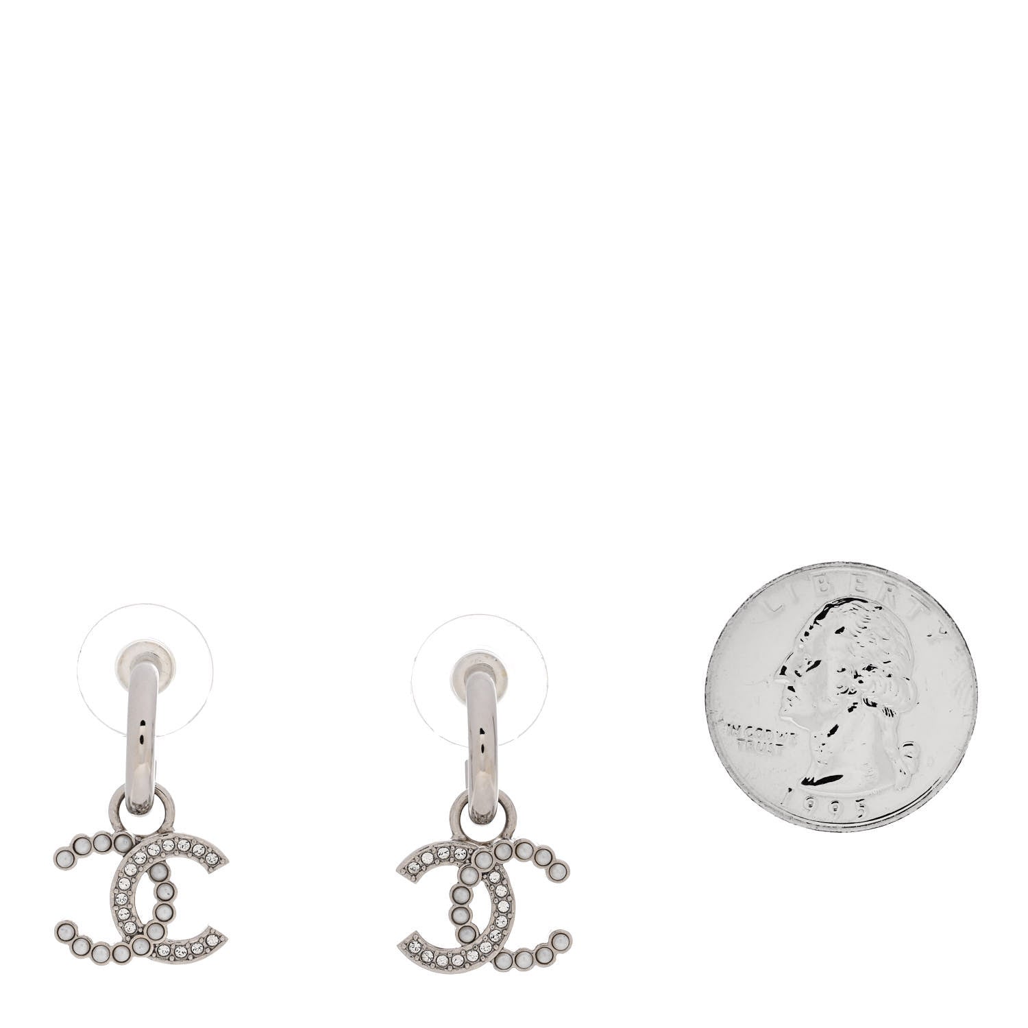 Chanel Metal Pearl Crystal CC Drop Earrings Silver 2 of 5