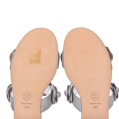 Chanel Metallic Lambskin Camellia Slide Sandals 35 Silver 10 of 12
