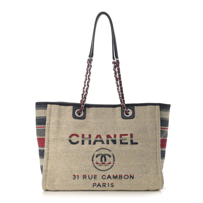 Chanel Striped Canvas Small Deauville Tote Beige 1 of 12
