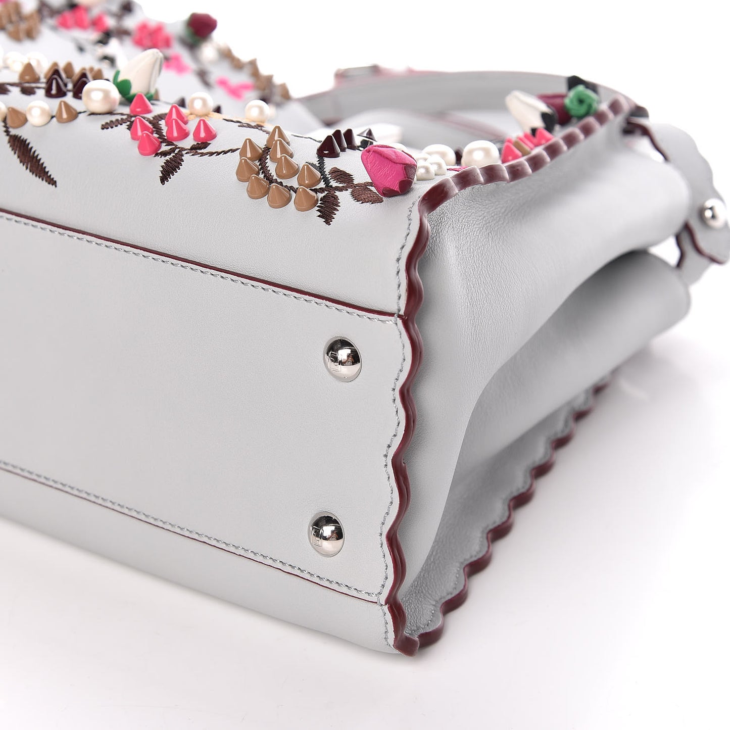 Vitello Seta Shiny Nappa Pearl Scalloped Studded Floral Embroidered Medium Peekaboo Iconic Satchel Grigio Perla Multicolor