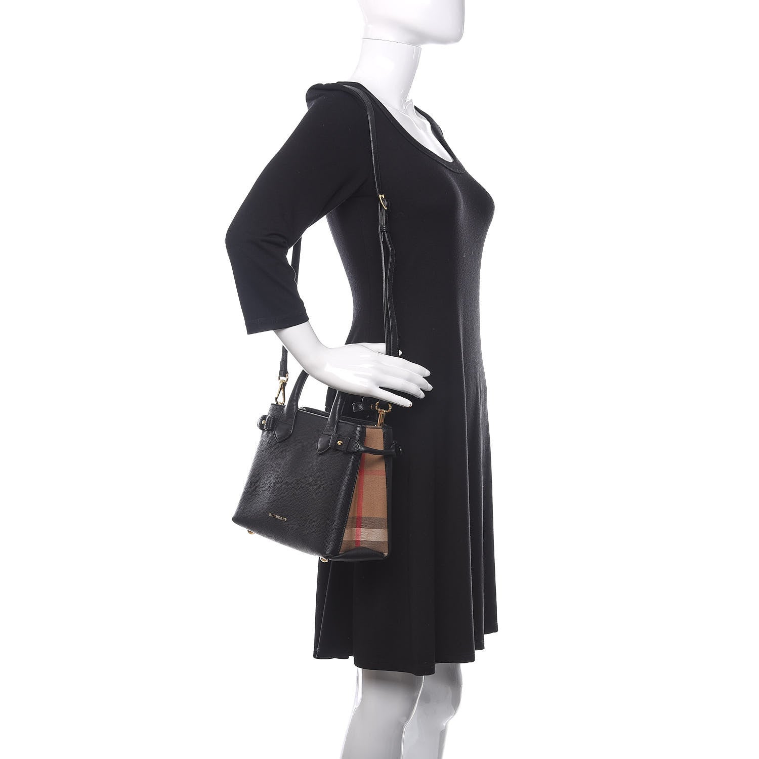 Burberry Grainy Calfskin House Check Small Banner Tote Black 2 of 14