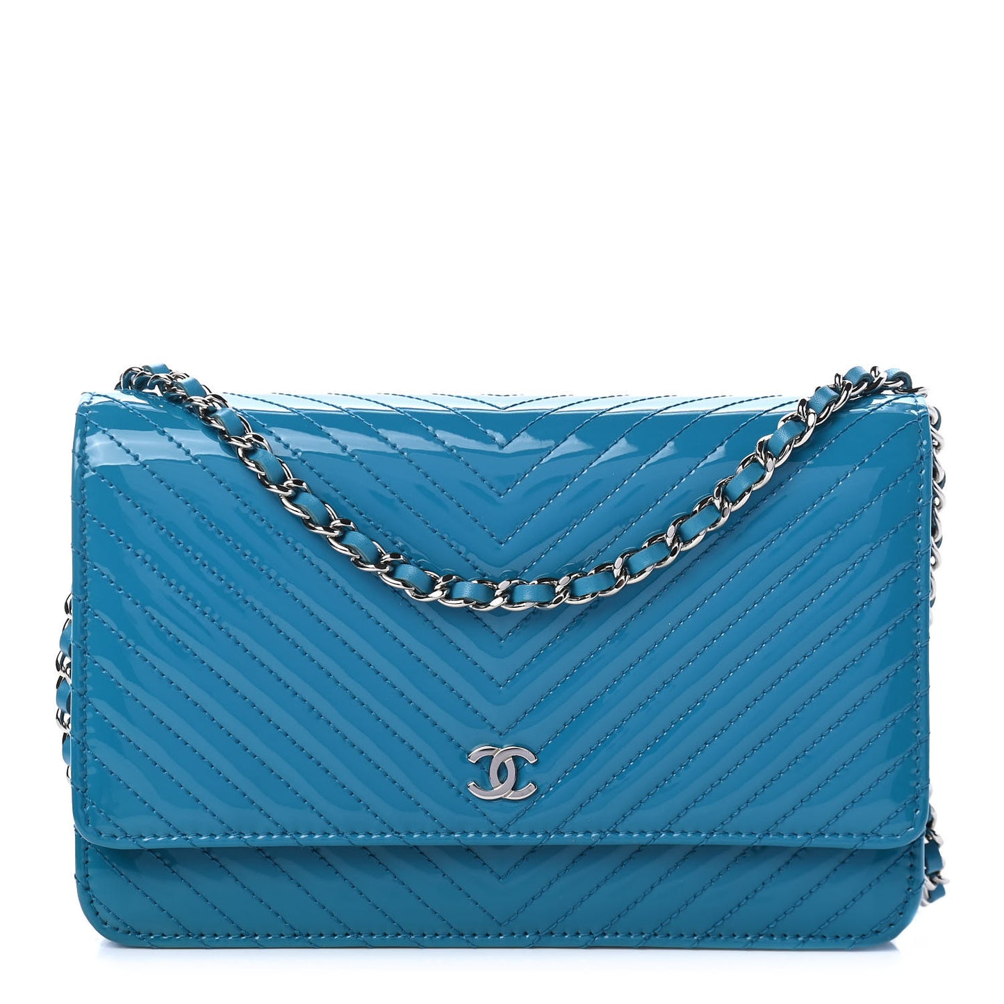 Patent Calfskin Chevron Quilted Wallet On Chain WOC Blue