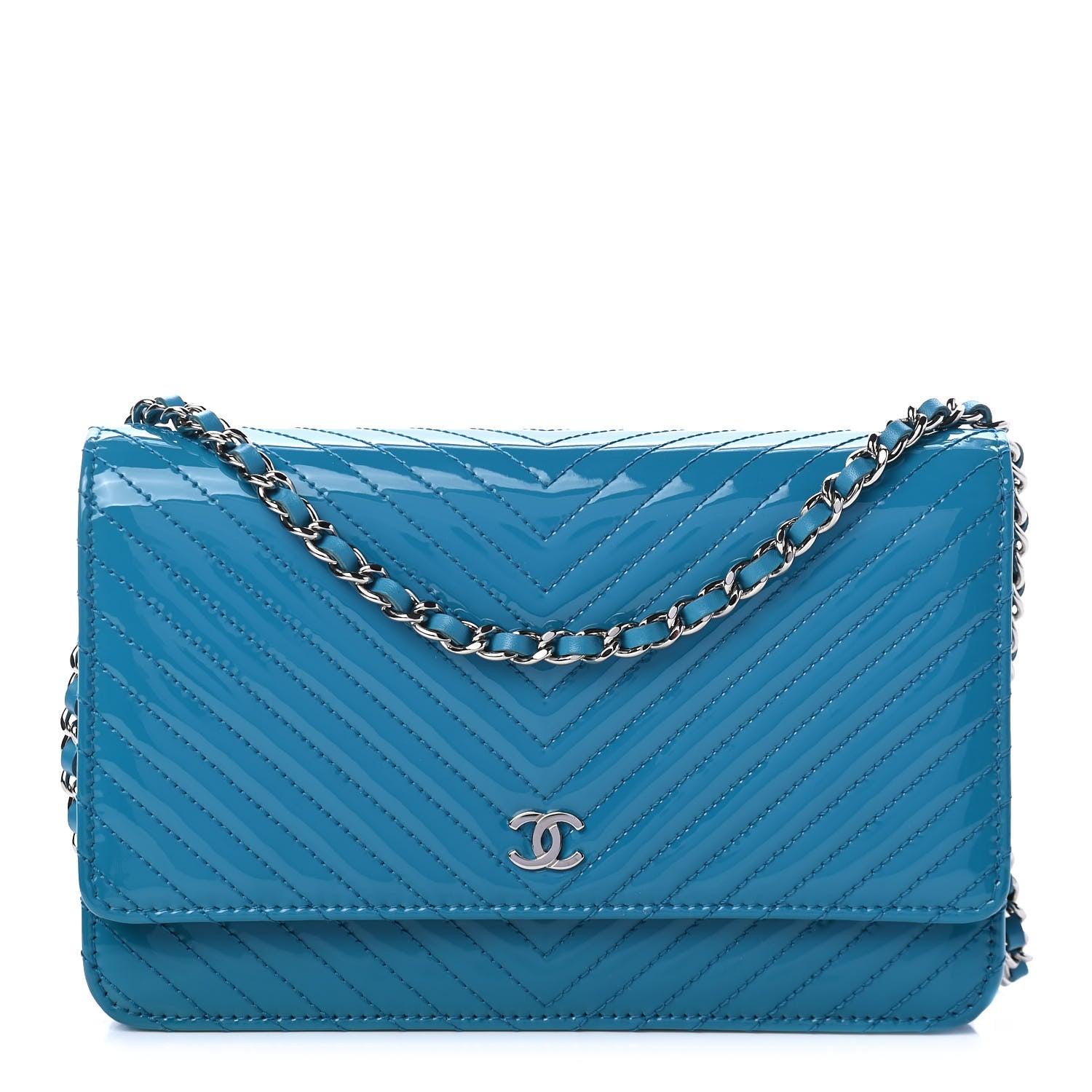 Chanel Patent Calfskin Chevron Quilted Wallet On Chain WOC Blue 1 of 4