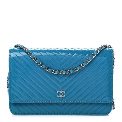 Chanel Patent Calfskin Chevron Quilted Wallet On Chain WOC Blue 1 of 4