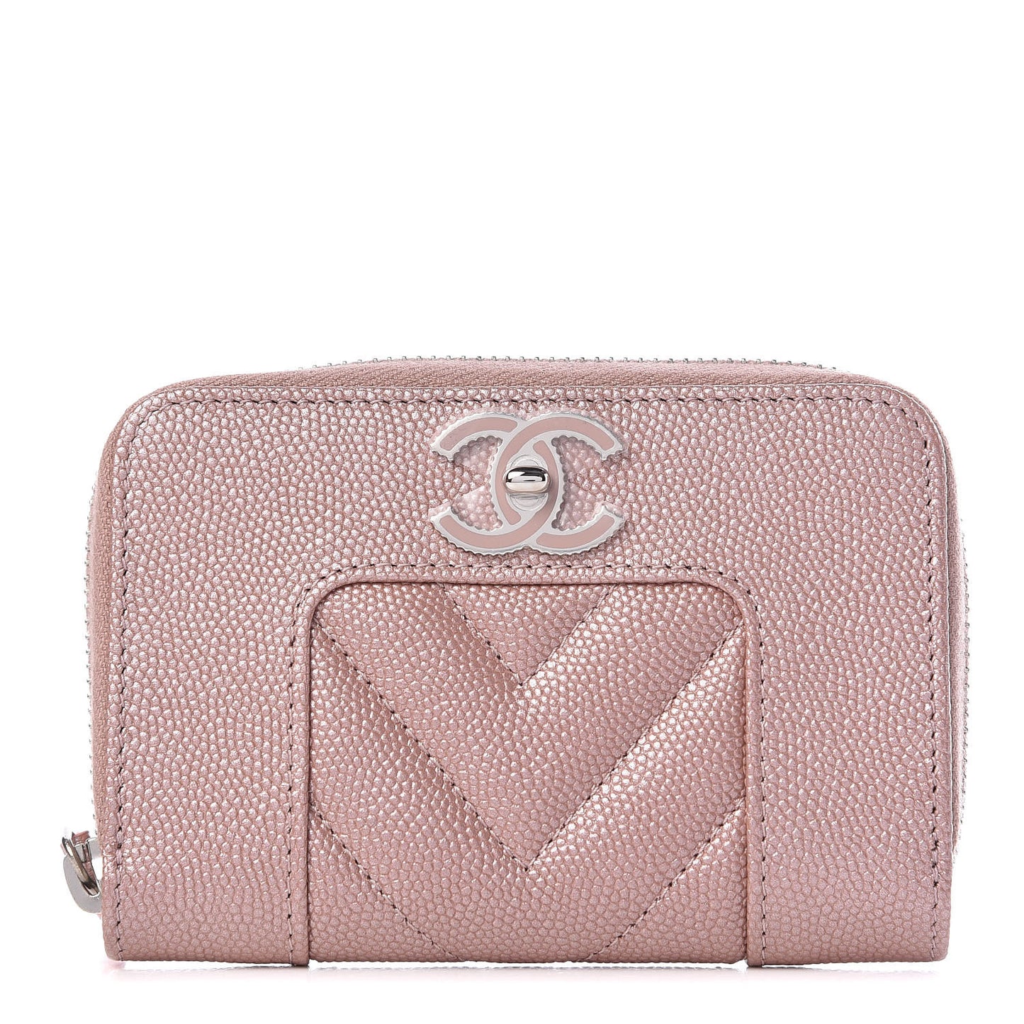 Metallic Caviar Chevron Quilted Vintage Mademoiselle Zip Coin Purse Pink