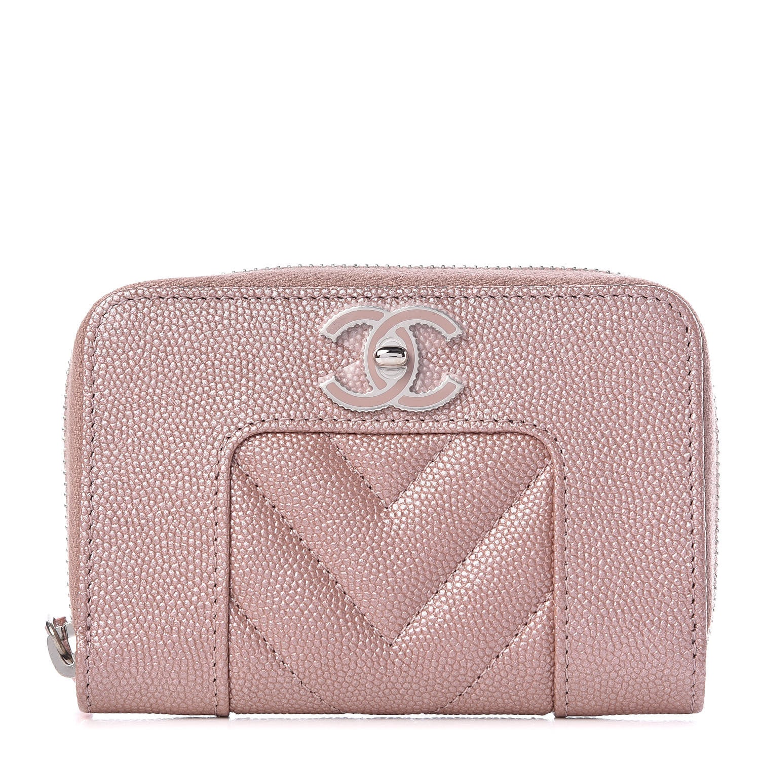 Chanel Metallic Caviar Chevron Quilted Vintage Mademoiselle Zip Coin Purse Pink 1 of 8