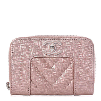 Chanel Metallic Caviar Chevron Quilted Vintage Mademoiselle Zip Coin Purse Pink 1 of 8