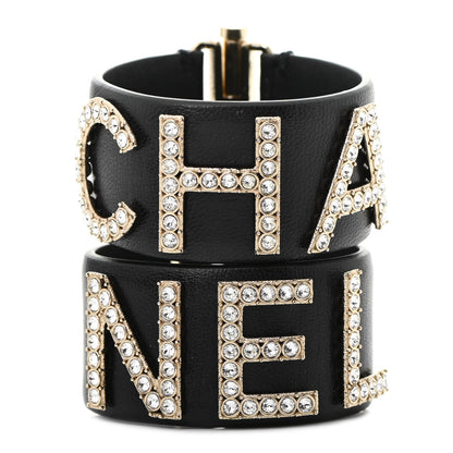 Chanel Crystal Lambskin Cha-Nel Logo Cuff Set S Gold Black 1 of 5