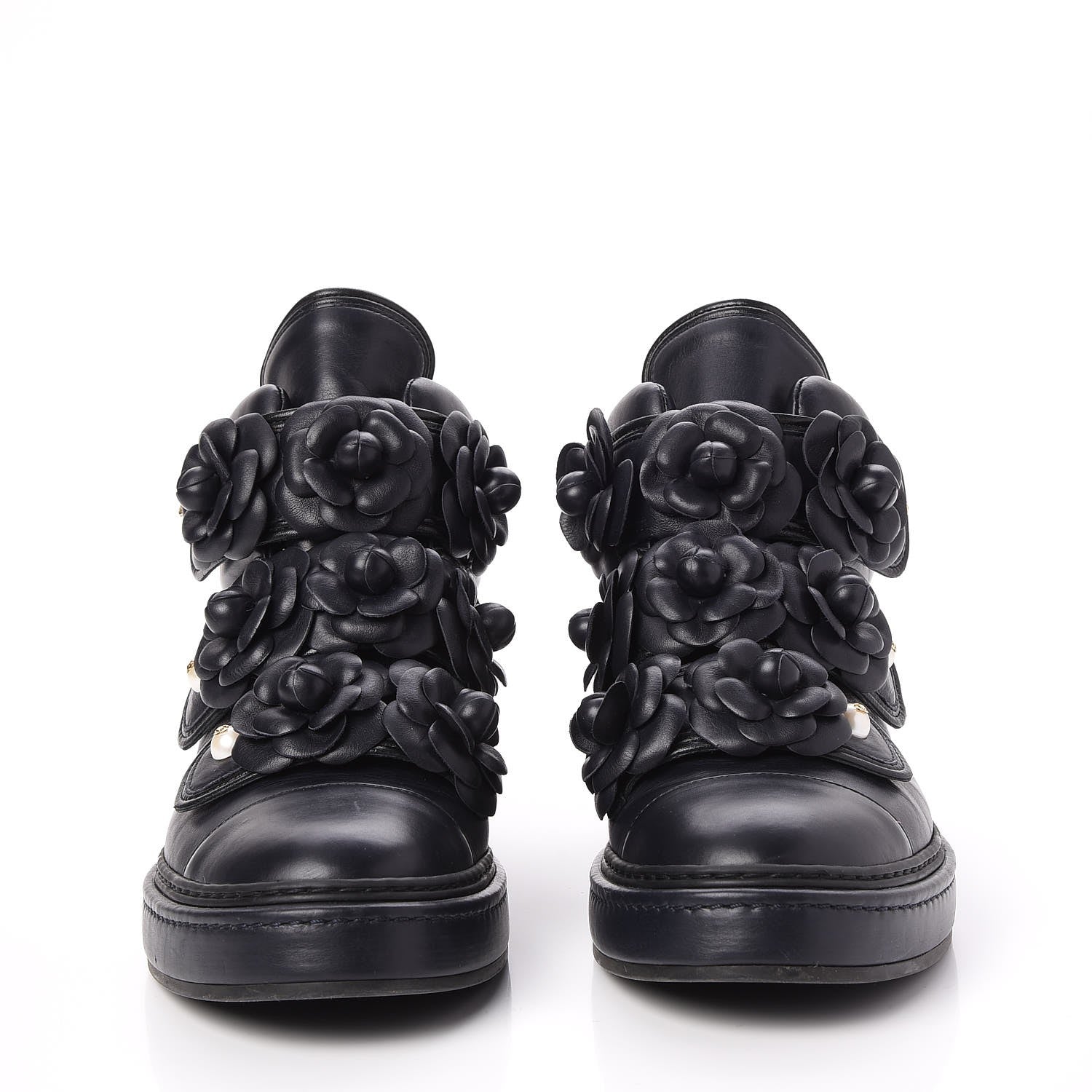 Chanel Calfskin Camellia High Top Sneakers 39.5 Navy 3 of 9