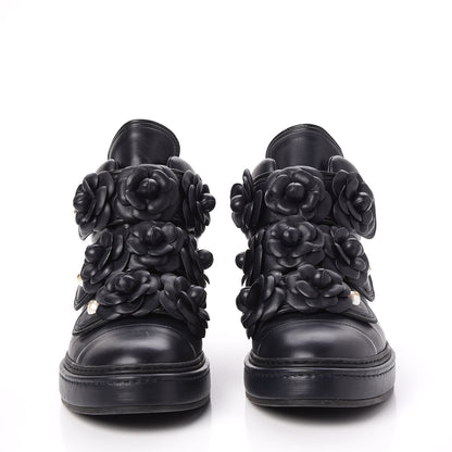 Chanel Calfskin Camellia High Top Sneakers 39.5 Navy 3 of 9
