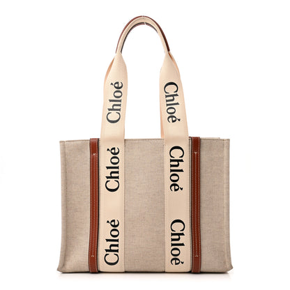 Chloe Cotton Calfskin Medium Woody Ribbon Tote White Brown 1 of 12