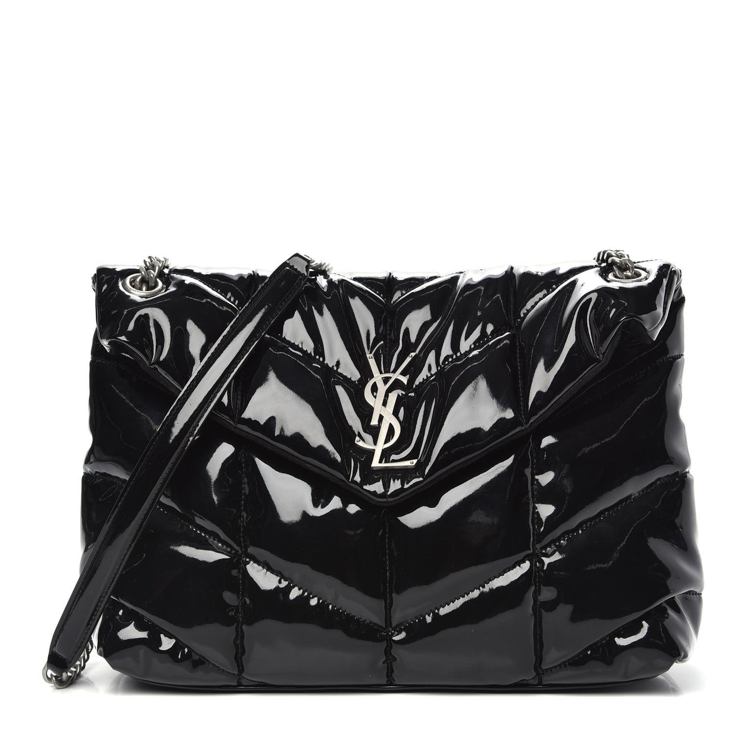 Patent Lambskin Quilted Medium Loulou Puffer Monogram Chain Satchel Black