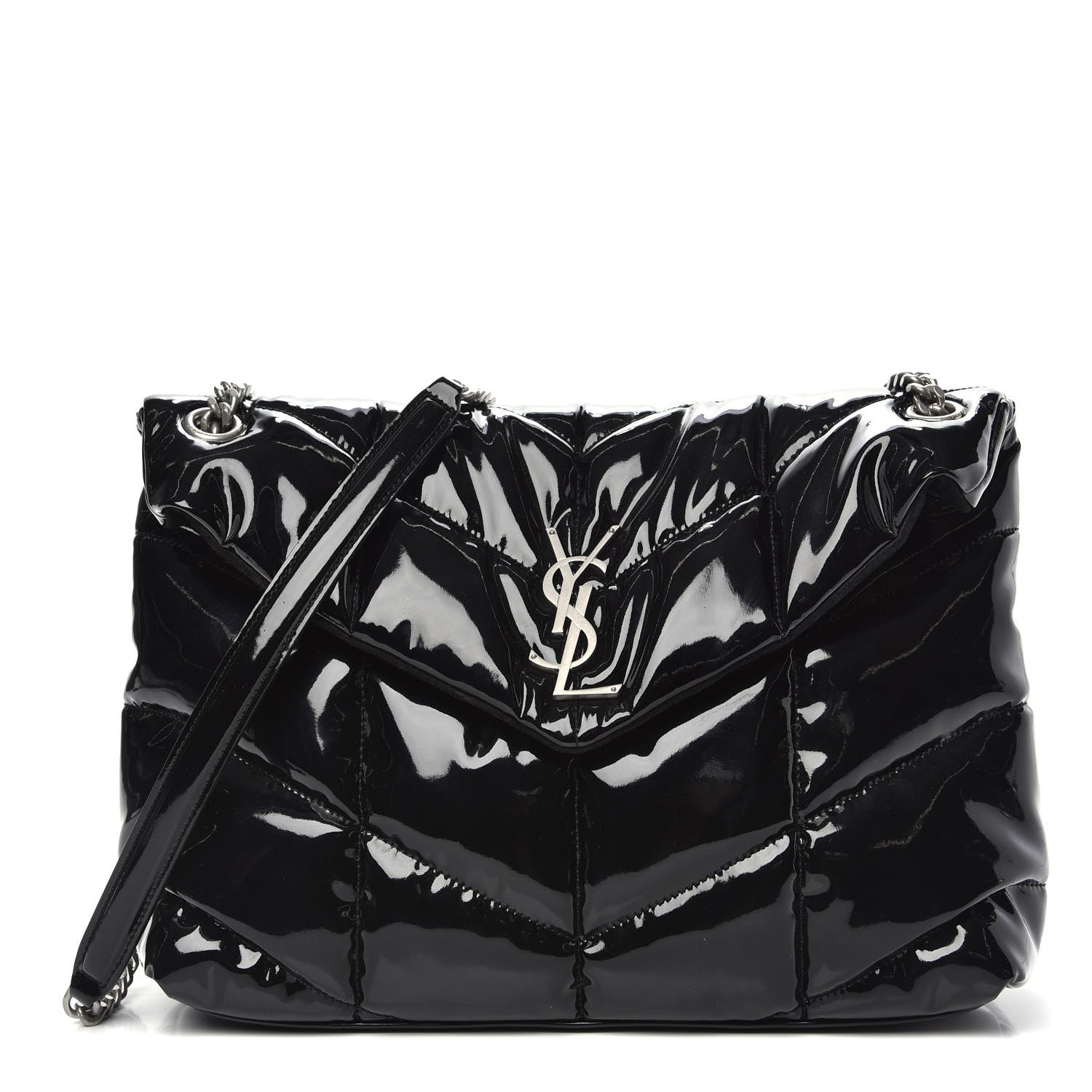 Saint Laurent Patent Lambskin Quilted Medium Loulou Puffer Monogram Chain Satchel Black 1 of 11