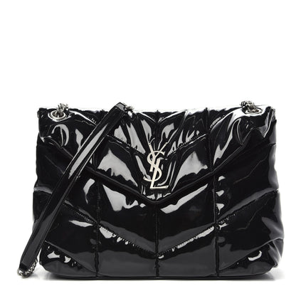 Saint Laurent Patent Lambskin Quilted Medium Loulou Puffer Monogram Chain Satchel Black 1 of 11