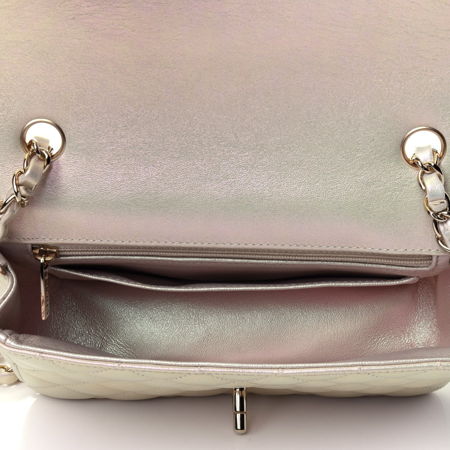 Iridescent Lambskin Quilted Mini Rectangular Flap Ivory