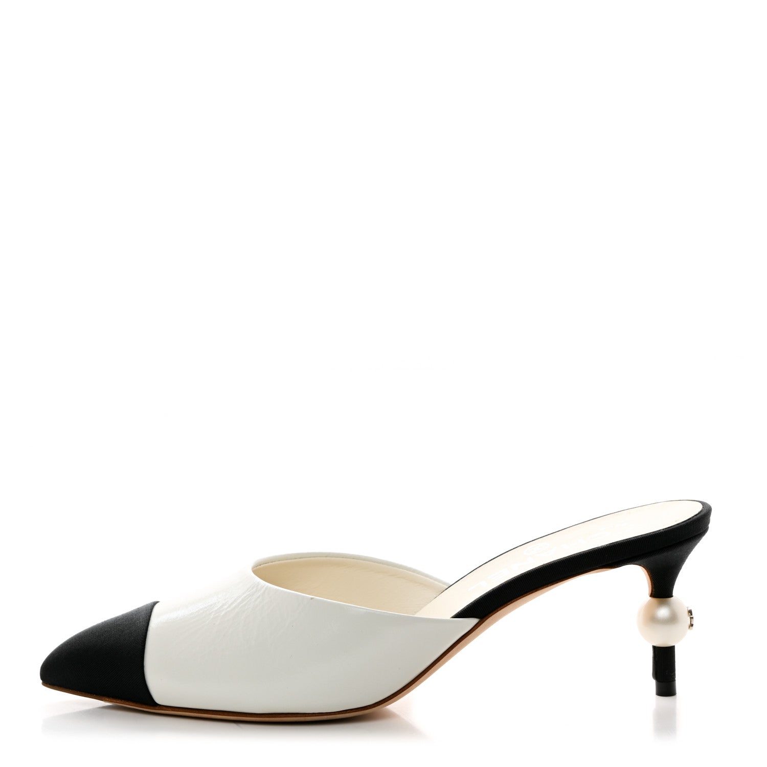 Chanel Patent Grosgrain Cap Toe Pearl Mule 37.5 White Black 1 of 11