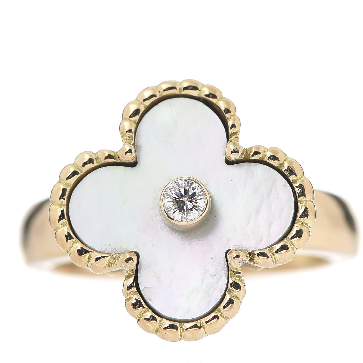 18K Yellow Gold Diamond Mother of Pearl Vintage Alhambra Ring 51 5.75