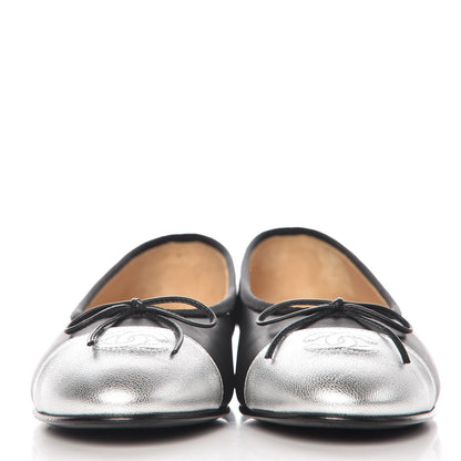 Chanel Calfskin Metallic Goatskin CC Cap Toe Ballerina Flats 39 Black Silver 2 of 11