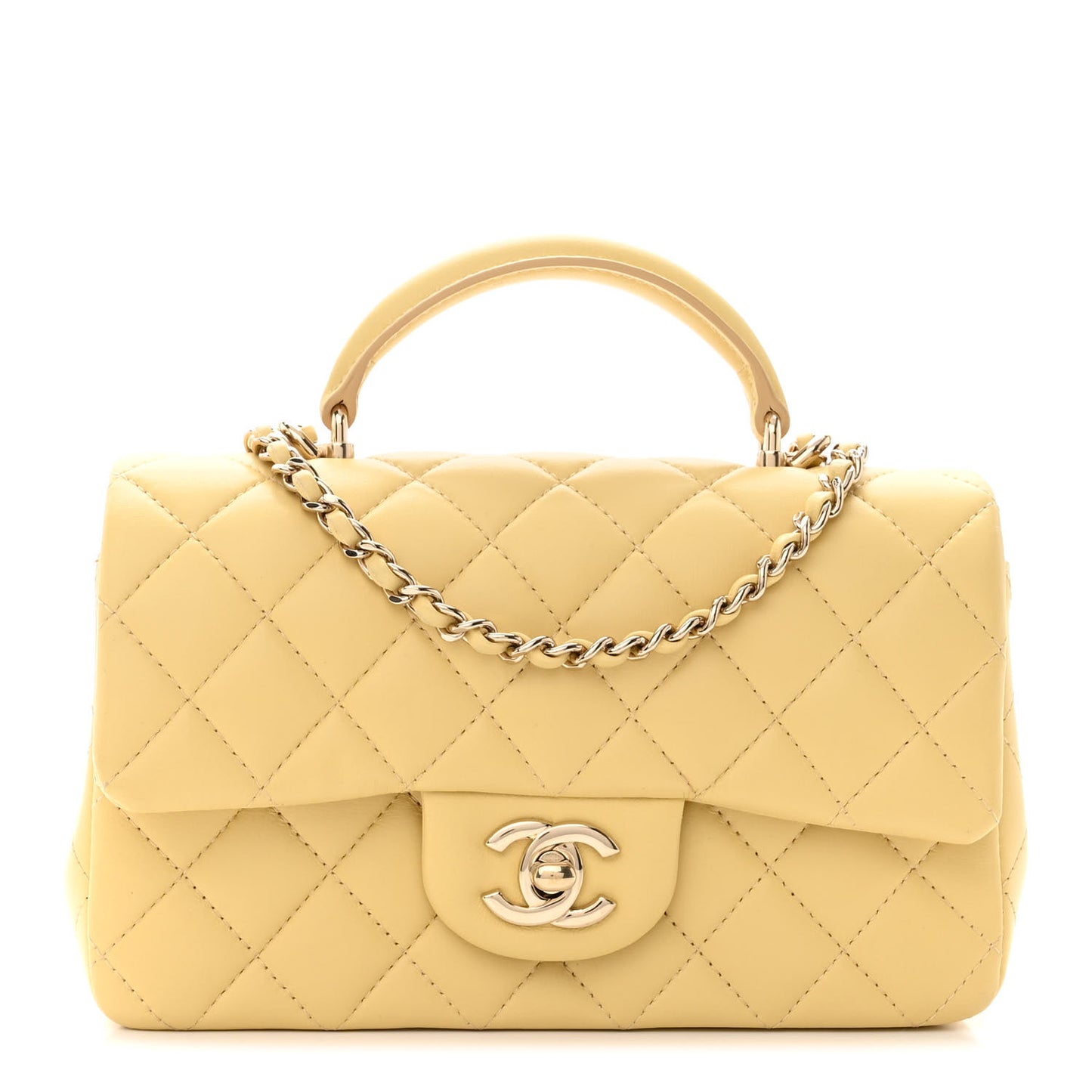 Lambskin Quilted Mini Top Handle Rectangular Flap Yellow