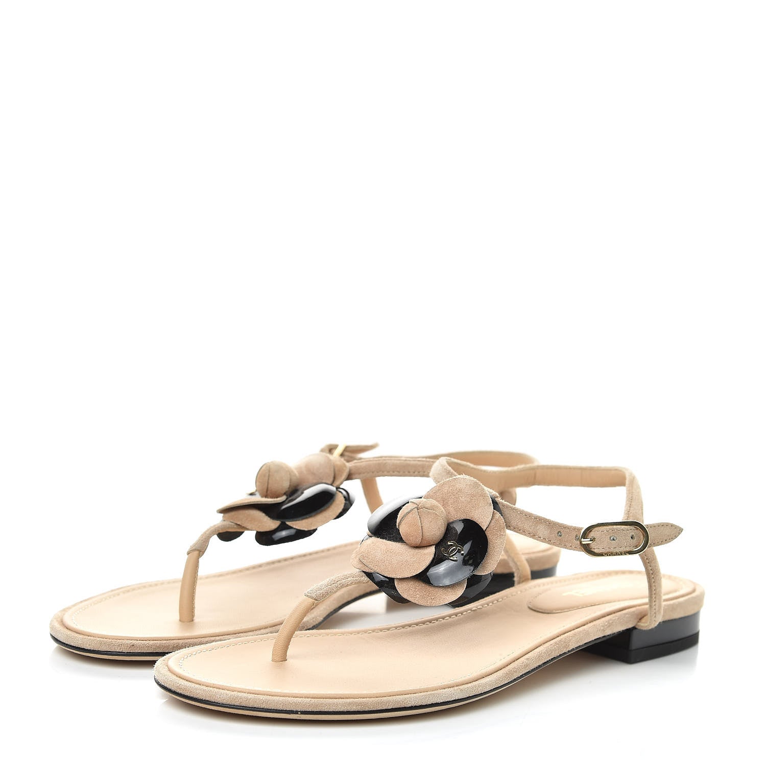 Chanel Suede Patent Calfskin Camellia Thong Sandals 37.5 Beige Black 3 of 11