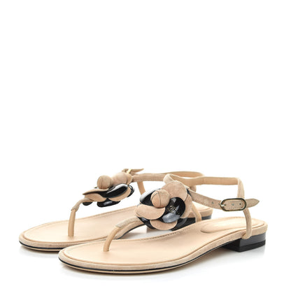 Chanel Suede Patent Calfskin Camellia Thong Sandals 37.5 Beige Black 3 of 11