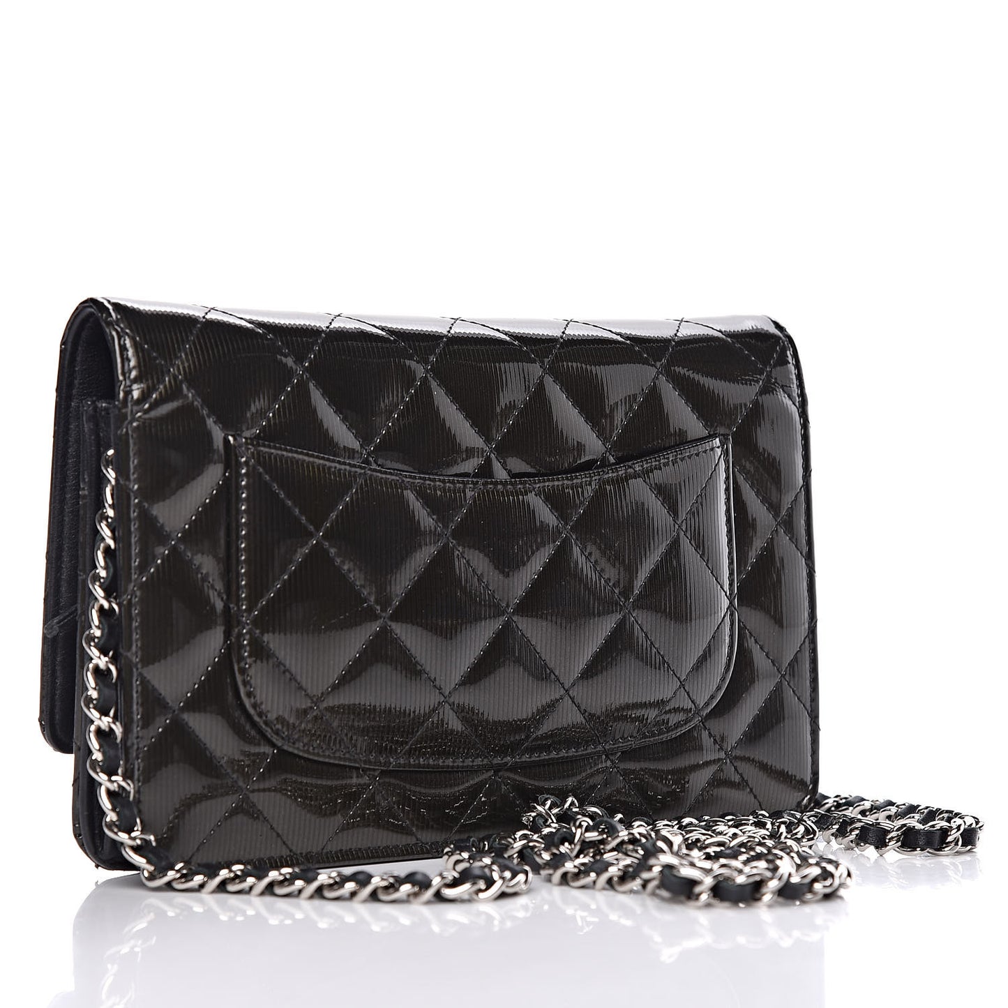 Striated Patent Quilted Wallet on Chain WOC Black