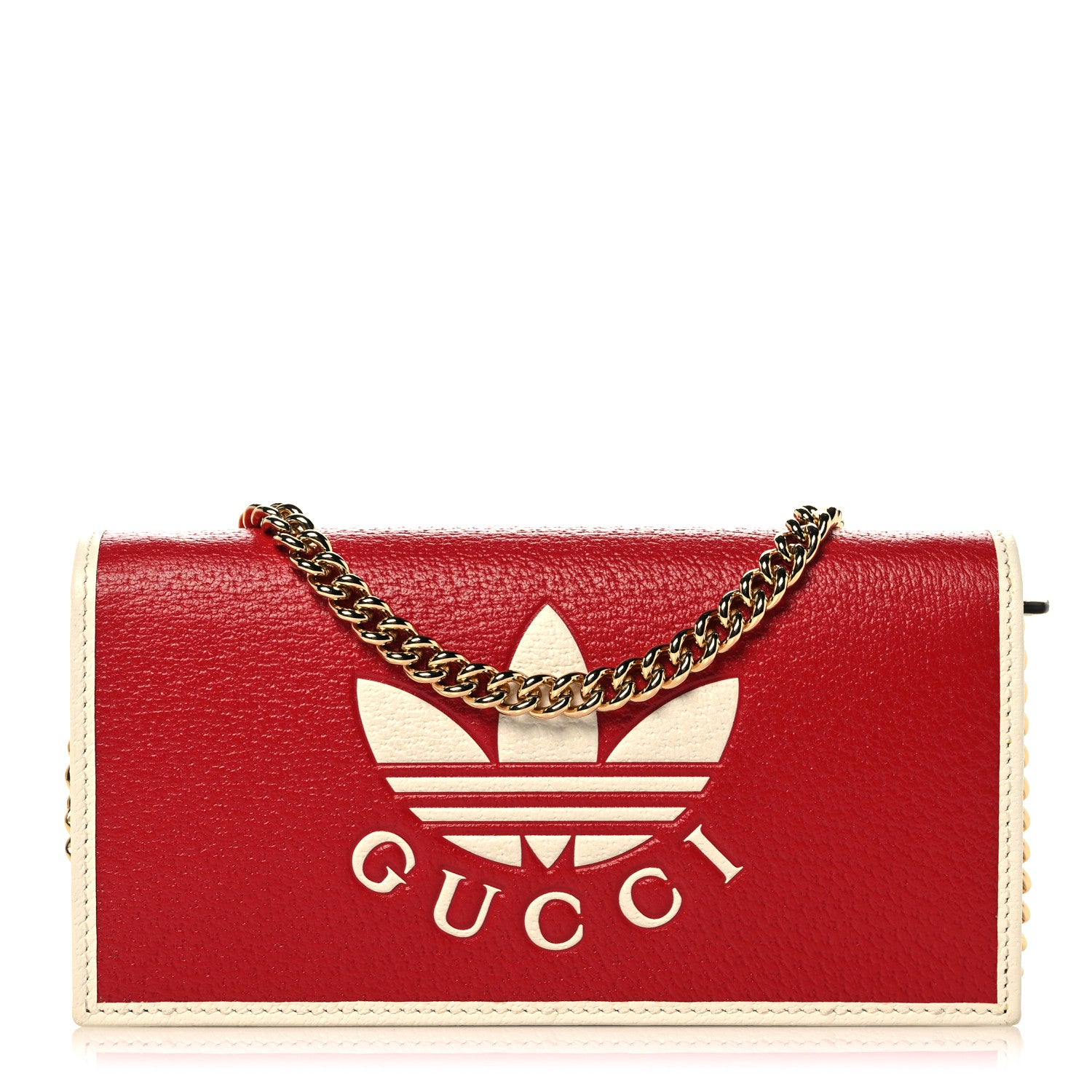 Gucci X ADIDAS Textured Dollar Calfskin Trefoil Embossed Wallet On Chain Hibiscus Red Off White 1 of 9
