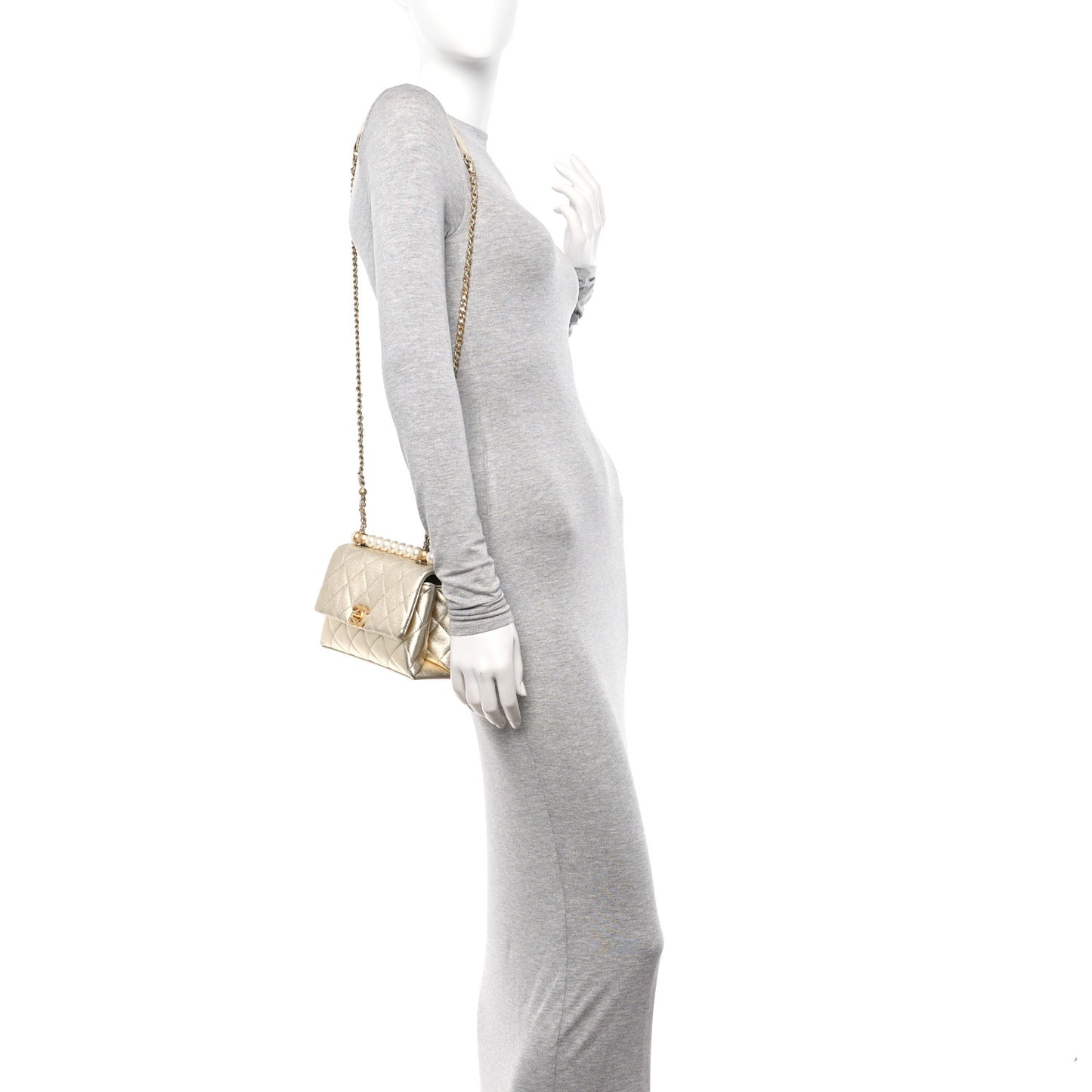 Metallic Goatskin Quilted Chic Pearls Mini Flap Gold