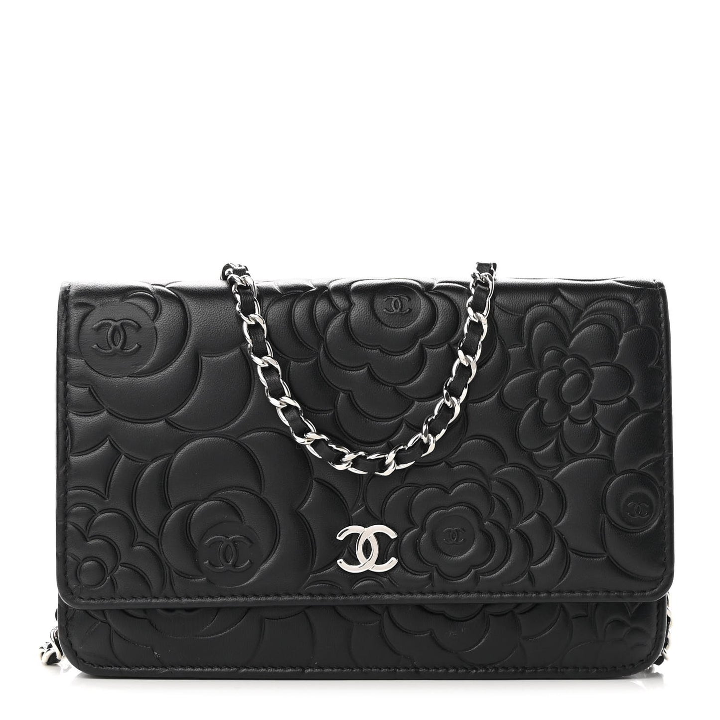 Lambskin Camellia Embossed Wallet on Chain WOC Black