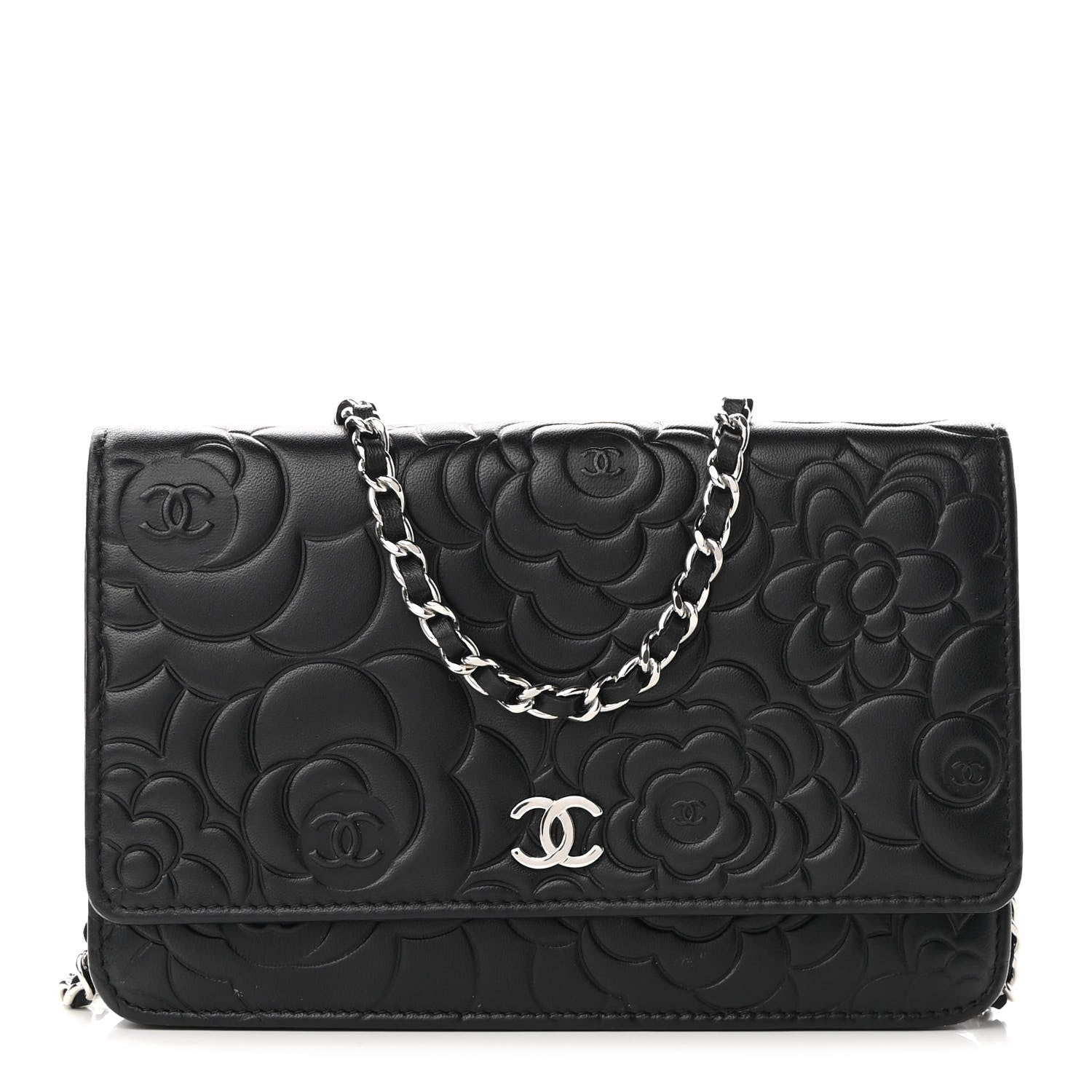 Chanel Lambskin Camellia Embossed Wallet on Chain WOC Black 1 of 11
